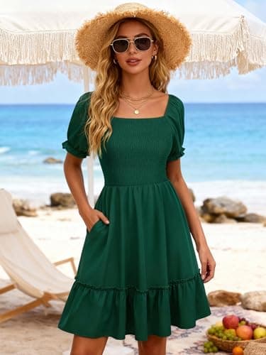Berydress Green Dress 2026 Vacation Square Neck Short Sleeve Sundress with Pockets Flowy Tiered Smocked Babydoll Boho Casual Dresses(L,6295-Green) - Thumbnail 3