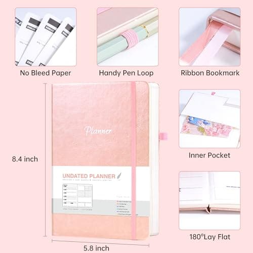 CAGIE Undated Planner Weekly and Monthly with Inner Pocket Leather journal with Goal & Habit Tracker Organizer, Hardcover Weekly Monthly Planner for Work School Home, 5.7" x 8.3", Pink - Thumbnail 5