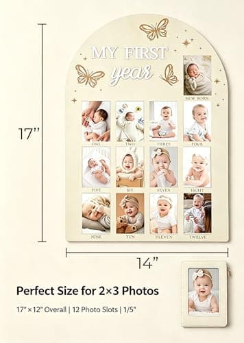 My First Year Photo Frame, Wooden Milestone Keepsake with Pre-marked 12 Monthly Infant Development Picture Slots, Wall Mountable Photo Board for Baby 1st Birthday Celebration, Lovely Shower Gift - Thumbnail 2