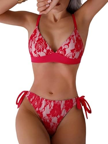 seamoly 2 Pieces Lace Bikini V-Neck Swimsuits for Women Tie Side Bikini Set Crimson Red S - Thumbnail 2