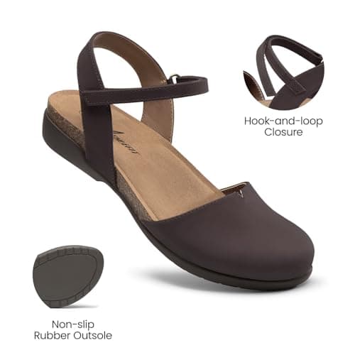 Athlefit Womens Closed Toe Sandals Comfort Casual Cork Footbed and Arch Support Flat Sandals Chocolate Size 7.5 - Thumbnail 5