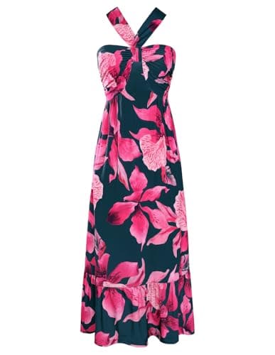 GRACE KARIN Womens Summer Floral Dresses 2026 Boho Maxi Dress Flowy Halter Sundress Casual Vacation Beach Clothes with Pocket Blue Floral L - Image 1