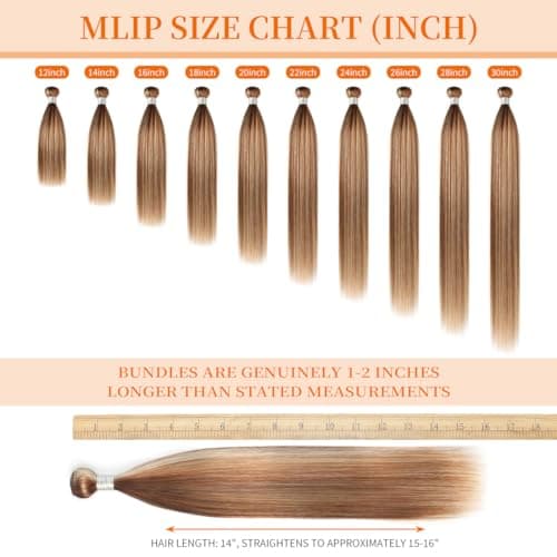 YESHURAY Highlight Bundles Human Hair Straight Virgin Hair Extensions With Brown/Blonde 3 Tones Highlights 3 Bundles/Pack 12 14 16 Inch 100g/Bundle - Thumbnail 6