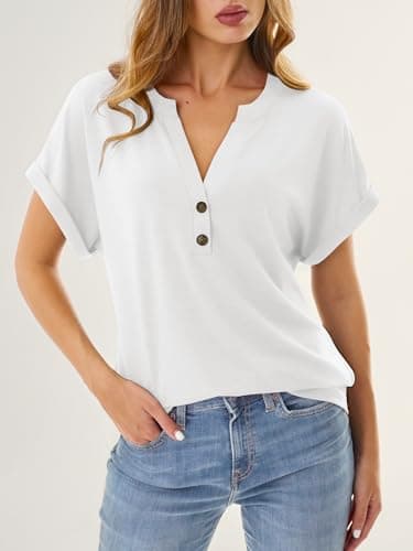 GKBK Womens Short Sleeve Henley Tops V Neck Business Dressy Casual Blouses Summer Loose Fit Trendy Tee Shirts 2026 Vacation Fashion Clothes White L - Thumbnail 5