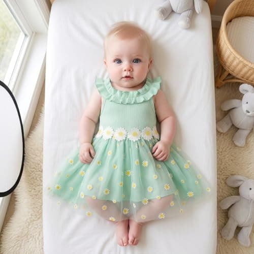 Toddler Girl Daisy Dress Set 3Pcs Ribbed Knit Tulle Sundress with Bag & Headband Cute Summer Floral Outfit for First Birthday Party Light Green 6-9Months - Thumbnail 5