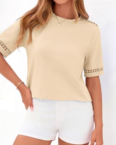 BTFBM Short Sleeve Shirts for Women 2026 Lace Summer Tops Spring Casual Loose Crew Neck T-Shirt Cute Vacation Outfits(Apricot, Small) - Thumbnail 2