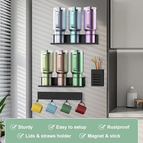 POLRAI 4 Pack Magnetic Cup Holder for Refrigerator, Water Bottle Organizer for Stanley and Tumbler, Accessory with Lid Hook Straw Holder and Double Sided Tape for Kitchen Fridge Cabinet - Thumbnail 6