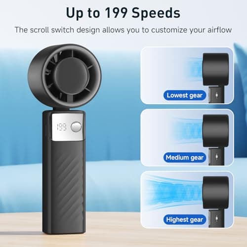 YOSHENMO Portable Handheld Turbo Fan - Foldable Mini Fan with Air Turbo Tech, 1-199 Speed Adjustment, 20H Runtime, LED Display, Battery-Powered for Indoor/Outdoor Use, Dark Black - Thumbnail 3