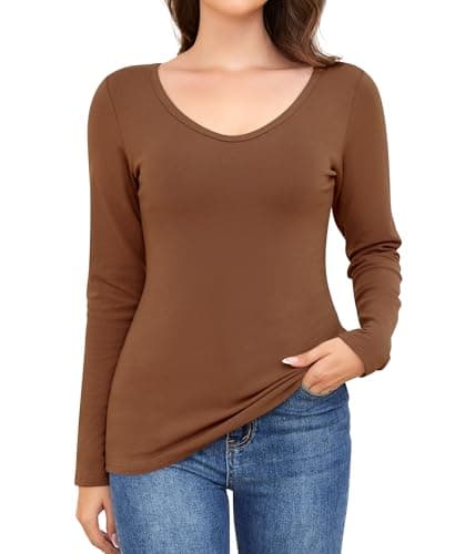 Ganado Long Sleeve Shirts for Women V Neck Thermal Shirt Layering Undershirts Plain Fitted Basic Tops (Coffee, XX-Large) - Image 1