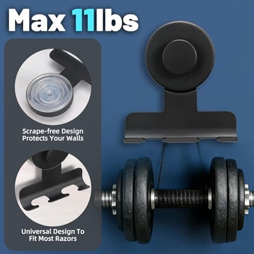 warlve No-Drill Suction Cup Razor and Shaver Holder, Stainless Steel Shower Hook for Towel & Loofah, Damage-Free Reusable Bathroom Wall Organizer 2 Pack Matte Black - Thumbnail 2