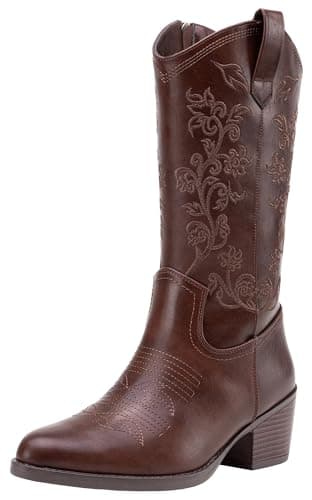 Vepose Brown Cowboy Boots for Women Embroided Cowgirl Boots 9803 Western Mid-Calf Pull on Pointed Toe Shoes for Ladies with Inside Zipper Size 9.5 (CJY9803 Whisky 09.5) - Image 1