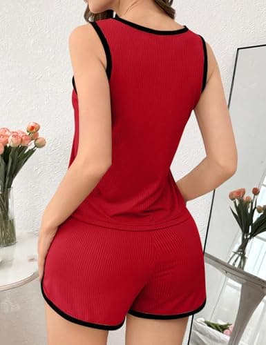 JUSTFASHIONNOW Women's 2-Piece Contrast Trim Pajama Set - Casual Tank Top & Shorts, Soft Ribbed Loungewear(Red Large) - Thumbnail 6