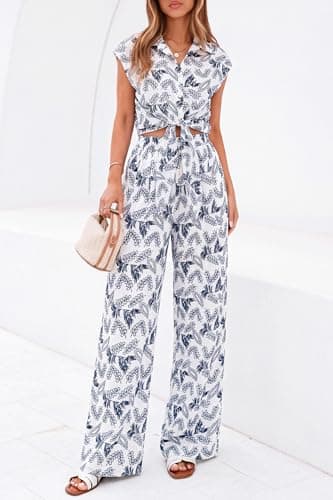 PRETTYGARDEN 2 Piece Sets For Women Summer Striped Button Down Tie Front Crop Tops Wide Leg Pants Floral Lounge Set 2026(Flower Navy,XX-Large) - Thumbnail 6