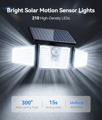 KOOPER Solar Flood Lights, 210 LED Motion Sensor Outdoor Lights, Solar Motion Lights Outdoor Waterproof, 3 Heads 300° Wide Angle Outdoor Security Lights for Yard Patio Garage Entryways, 2 Pack, Black - Thumbnail 2