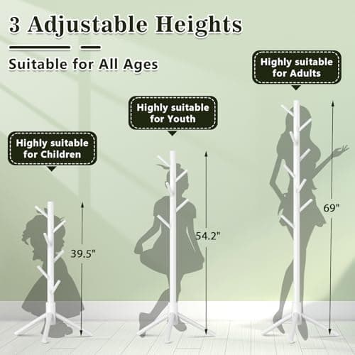 OUTGAVA Wooden Coat Rack Freestanding with 8 Hooks,Easy Assembly New Zealand Pine Tree Coat Racks, 3 Adjustable Sizes for Clothes, Hats, Bags, for Entryway, Hallway, Bedroom, Office (White, 2 PCS) - Thumbnail 2