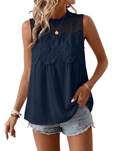 Funlingo Lace Tops for Women Poplin Mesh Cute Blouses Dressy Casual Sleeveless Flared Swing Tank Top Crew Neck Shirt Intricate Back Design Navy Blue S - Thumbnail 2