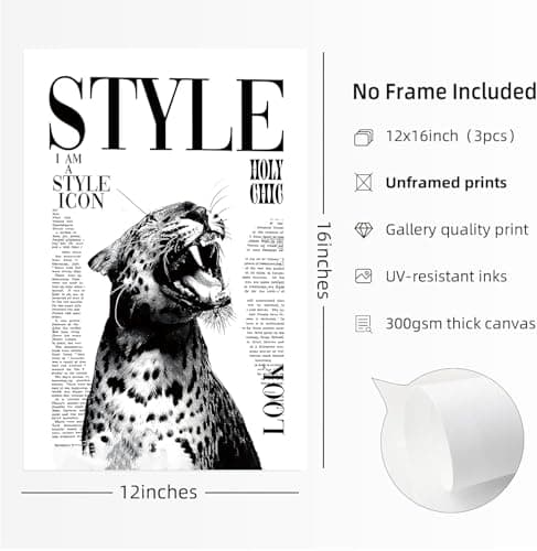 3Pcs Trendy Black and White Leopard Canvas Wall Art Vintage Newspeper Cheetah Wall Decor Fashion Girl Poster Heels Lips Picture Luxury Feminist Painting Print Poster Artwork for Apartment Dorm 12x16in Unframe - Thumbnail 5