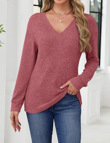 JUSTFASHIONNOW Shirts for Women V Neck Long Sleeve Tunic Tops Business Casual Blouses Ladies Plus Size T Shirts Lightweight Dressy Sweaters Winter Tops (Red,Large) - Thumbnail 3