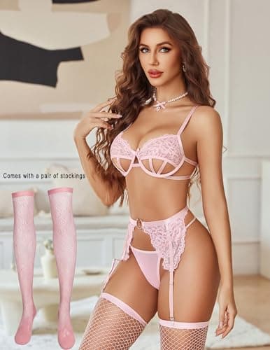 Avidlove Pink Underwire Push Up Garter Lingerie Sets 4 Piece Lace Bra and Panty with Stockings Cut Out Sexy Outfits - Thumbnail 3