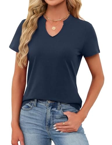 Women's V Neck Cotton T-Shirts Breathable Short Sleeve Tops Lightweight Stretch Summer Tees (Navy Blue,Small) - Thumbnail 2