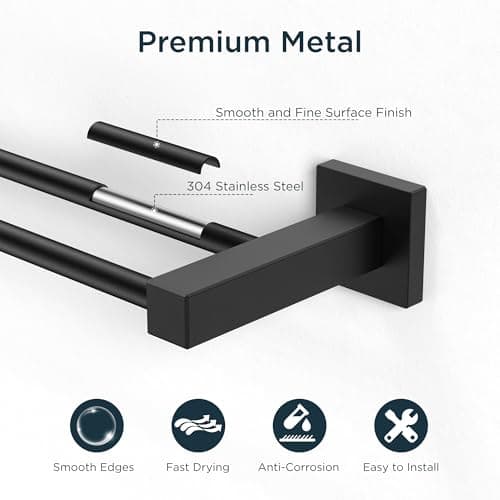 FORIOUS Black Double Towel Bar 24 Inch, Double Towel Racks for Bathroom Wall, Heavy Duty SUS304 Stainless Steel Square Dual Towel Bar Wall Mount, Matte Black - Thumbnail 4