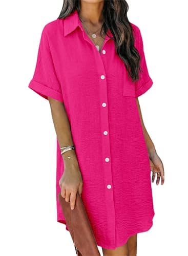 Magritta Loose Fit Shirt Dress for Curvy Women Button Down Shirt with Pocket Short Sleeve Hot Pink Beach Cover Up for Summer Pool Days 3XL - Image 1
