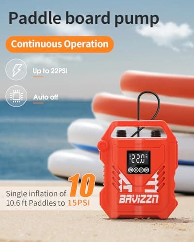 BAVIZZN 22PSI Paddle Board Pump Electric, 12V DC Car Powered SUP Pump with Dual Stage Inflation, Portable Air Pump for Inflatable Paddleboards, Boats, Mattresses & Water Sports Inflatables - Thumbnail 2