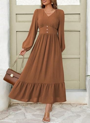 Dokotoo Womens Dresses Sexy V Neck Dresses for Women 2026 Elegant Classy Trendy Long Sleeve Solid Color Italian Dress Tiered Maxi Dress Ruffle A-Line Boho Beach Vacation OutifitsXX-Large - Thumbnail 3