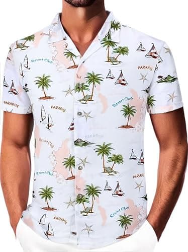 Damipow Mens Unique Pattern Hawaiian Shirt Beach Tropical Button Up Shirts Vacation Cruise Hawaii Summer Clothes,White,XL - Image 1