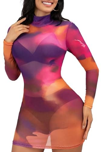 MSVLDR Sexy Long Sleeve Mini Dress for Women Sheer Mesh Printed Crew Neck Bodycon Party Clubwear See Through Dresses Purple Large - Image 1