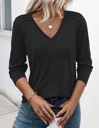 JUSTFASHIONNOW Pleated Long Sleeve Shirts for Women V Neck Dressy Casual Business Blouses Fall Tops 2025 Trendy(Black,XX-Large) - Thumbnail 5