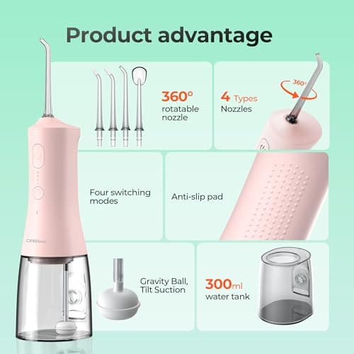 Operan 300ml Cordless Water Dental Flosser, Portable Water Flossers for Teeth, 4 Pulse Modes IPX7 Waterproof Oral Irrigator with 4 Tips, 21 Days Runtime for Travel, Home, Braces, Gum Care, Pink+1Pack - Thumbnail 5