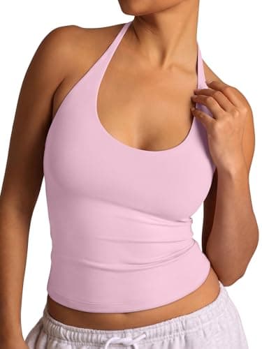 REORIA Women's Halter Tank Tops Basic Tie Scoop Neck Backless Double Lined Going Out Outfits Cute Summer Trendy Sleeveless Shirts Pink - Image 1