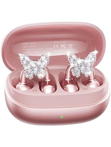 Kinglucky Gen2 Clip-On Open Ear Earbuds with Sparkle Butterfly Earrings, Earrings-On Storage Case, Bluetooth 5.4 Wireless Headphones for Women, 40H Playtime, Comfortable Fit for Small Ears, Rose Gold