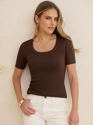 ANRABESS Womens Short Sleeve Sweaters Wool Blend Summer Scoop Neck Casual Business Knit Shirts Slim Fit Work Tops Outfits Chocolate Brown Small - Thumbnail 3