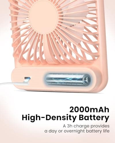 Koonie Desk Fan, Ultra Quiet 2.5-11h Battery Operated Small USB Fan with Strong Wind, 180° Tilt Folding and 3 Speeds Adjustable, Battery Powered Mini Personal Fan for Office Bedroom Desktop Pink - Thumbnail 4