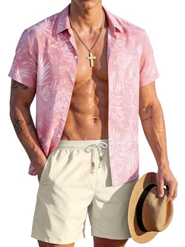 JEMLDL Men's Hawaiian 2 Piece Sets Short Sleeve Shirts Matching Linen Shorts Outfits Summer Beach Casual Clothes Pink Leaf Print L - Image 1