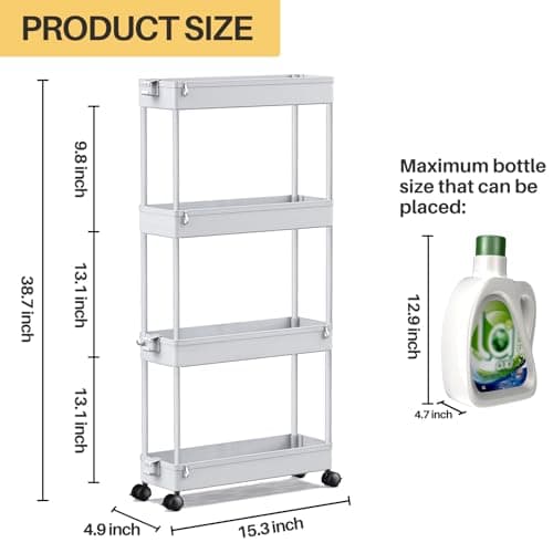 SPACEKEEPER Slim Rolling Storage Cart 4 Tier Bathroom Organizer Mobile Shelving Unit Storage Rolling Utility Cart Tower Rack for Kitchen Bathroom Laundry Narrow Places, Gray - Thumbnail 4