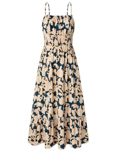 GRACE KARIN Summer Dresses for Women 2026 Vacation,Smocked Floral Maxi Dresses,Boho Beach Long Sundress Navy Flower XXL - Image 1