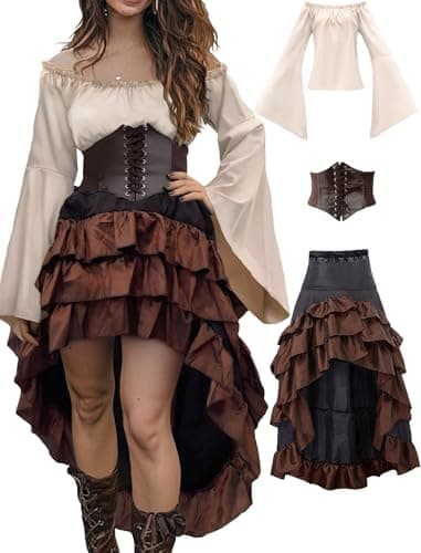 Verceco Pirate Costume Women Outfit with Renaissance Pirate Shirt Skirt Corset Waist Belt Womens Halloween Pirate Costumes (Beige+brown, S) - Image 1