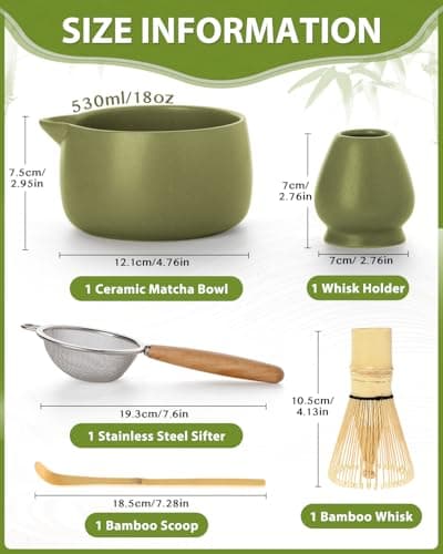 20OZ Matcha Whisk Set - 5PCS Japanese Tea Set Includes Matcha Bowl with Spout, Bamboo Whisk with Ceramic Holder, Bamboo Scoop and Sifter, Matcha Kit for Ceremony, Gift for Matcha Lovers (Matcha Green) - Thumbnail 2