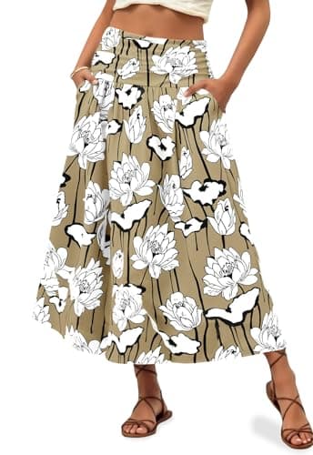 Wenrine Womens Floral Print Maxi Skirt High Waisted A Line Boho Flowy Beach Vacation Long Skirts with Pockets Khaki