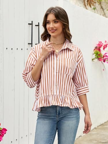 Womens Cropped Striped Shirts Button Down Half Sleeve Ruffle Bottom V Neck Casual Summer Blouse Tops Khaki XL - Thumbnail 5
