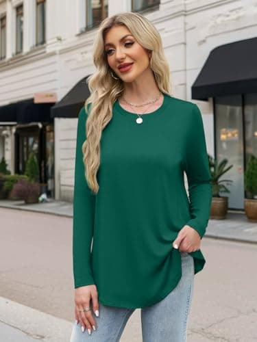 JUSTFASHIONNOW Tops For Women Trendy Fall Long Sleeve Shirts Basic Tee Fall Trendy Cute Top Casual 2025 Fashion Crew Neck Tunic Tops (Dark Green, X-Large) - Thumbnail 5