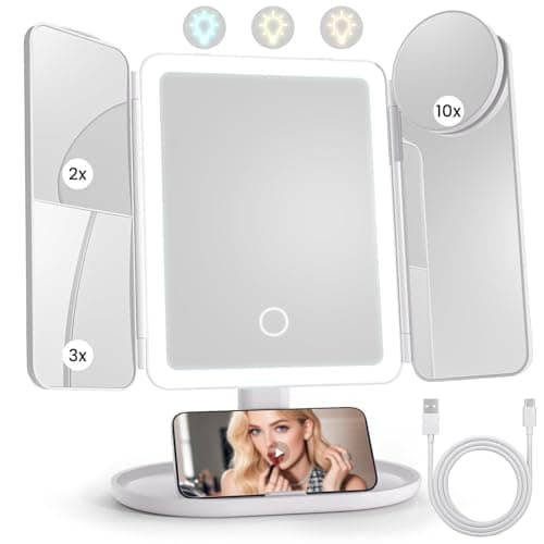Lighted Makeup Vanity Mirror, Height Adjustable Trifold Mirror with Seamless Light Strip, 1X/2X/3X/10X Magnification, 2000mAh Rechargeable Desk Mirror, Dimmable 3 Color Lighting, Gifts for Mom Women