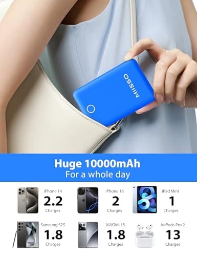 miisso 10000mAh Compatible with iPhone 15/16/17 and Android, Slim Portable Charger with Built in Cable, Power Bank Travel Charger External Battery Pack for Phone, 3 Output USB Type C Cord, Deep Blue - Thumbnail 4