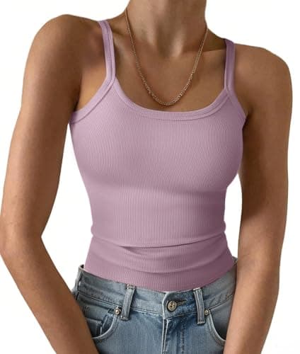 GKBK Women Spaghetti Strap Scoop Neck Ribbed Tank Tops Slim Fitted Camisole Sleeveless Basic Cami Shirts Summer Blouse Light Purple M - Image 1