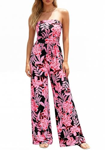 BTFBM Jumpsuits For Women Casual 2026 Floral Strapless Jumpsuit Wide Leg Rompers Beach Vacation Clothes Summer Outfits(Floral Black Pink, Large) - Image 1