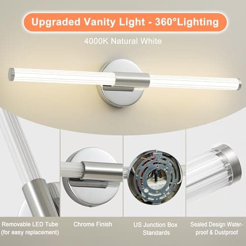 Gednbo Bathroom Vanity Lights Chrome Dimmable LED 360° Full Lighting Bathroom Light Fixtures Over Mirror 23 inch Vanity Light Bar Hardwired Modern Wall Sconce 4000K Light for Bedroom Living Room - Thumbnail 6