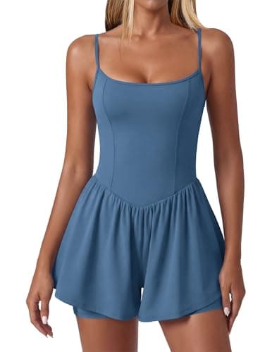 Ekouaer Womens Summer Sleeveless Workout Rompers Athletic Jumpsuit Double Lined Shorts One Piece Gym Yoga Clothes Blue - Image 1